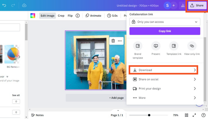 tap the share option and then click the download option for canva transparent background