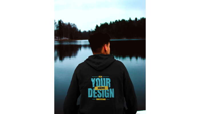 black hoodie template back side with sea view