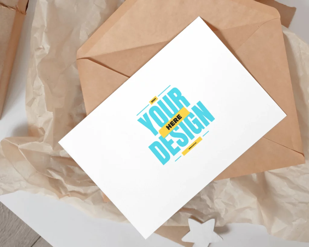 greeting card mockup on crumpled paper and envelope 