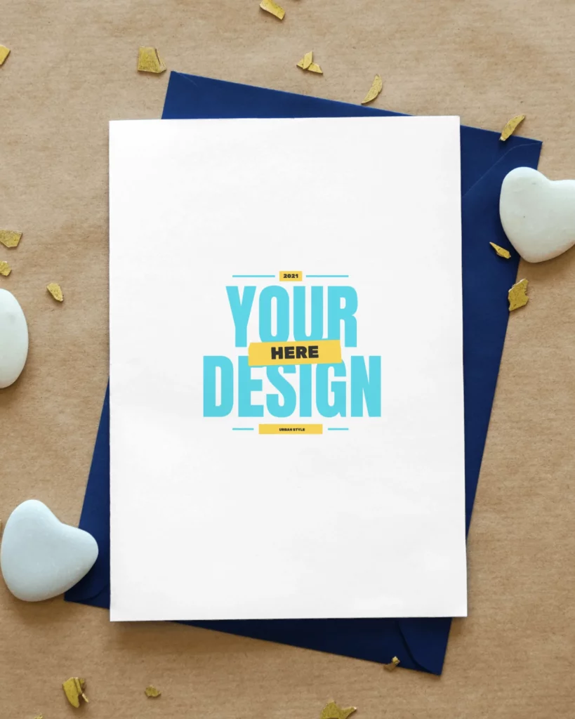 greeting card mockup on sand paper with heart shaped stones lying beside