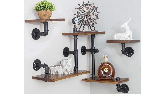 industrial floating shelves for streaming background ideas
