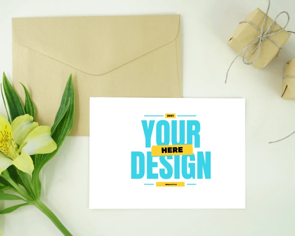 landscape greeting card mockup on envelope beside flower and gift boxes 