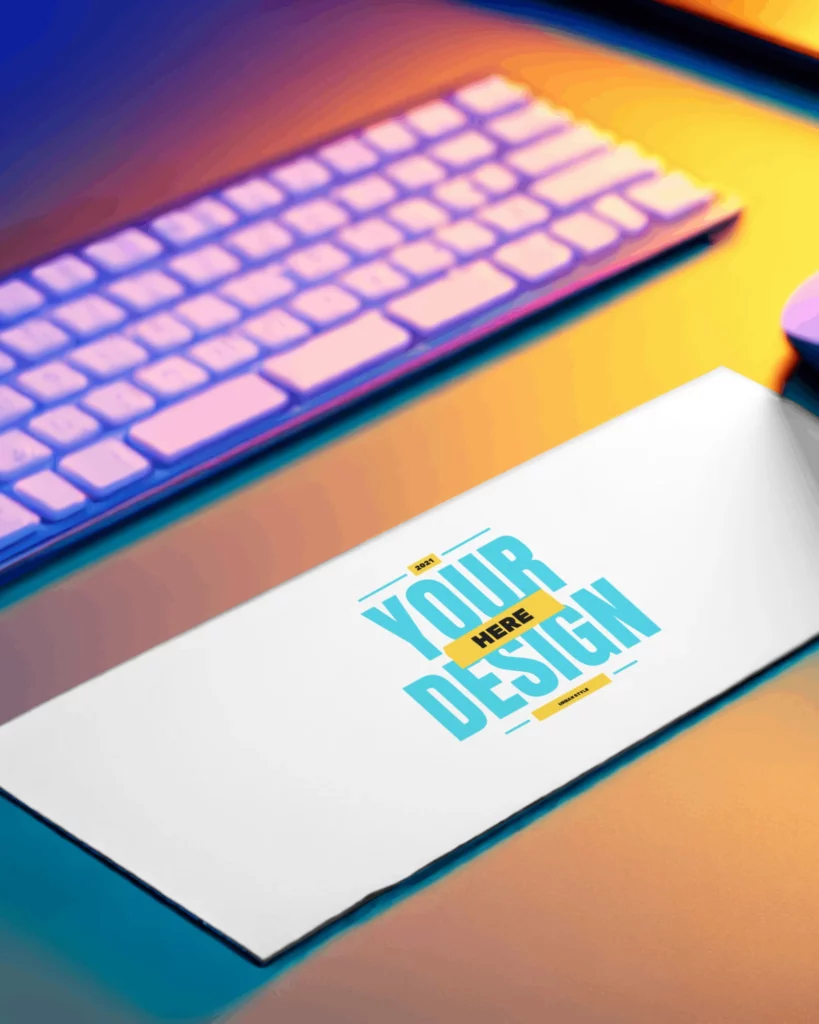 thin gaming pad mockup beside white keyboard having golden color-in background 