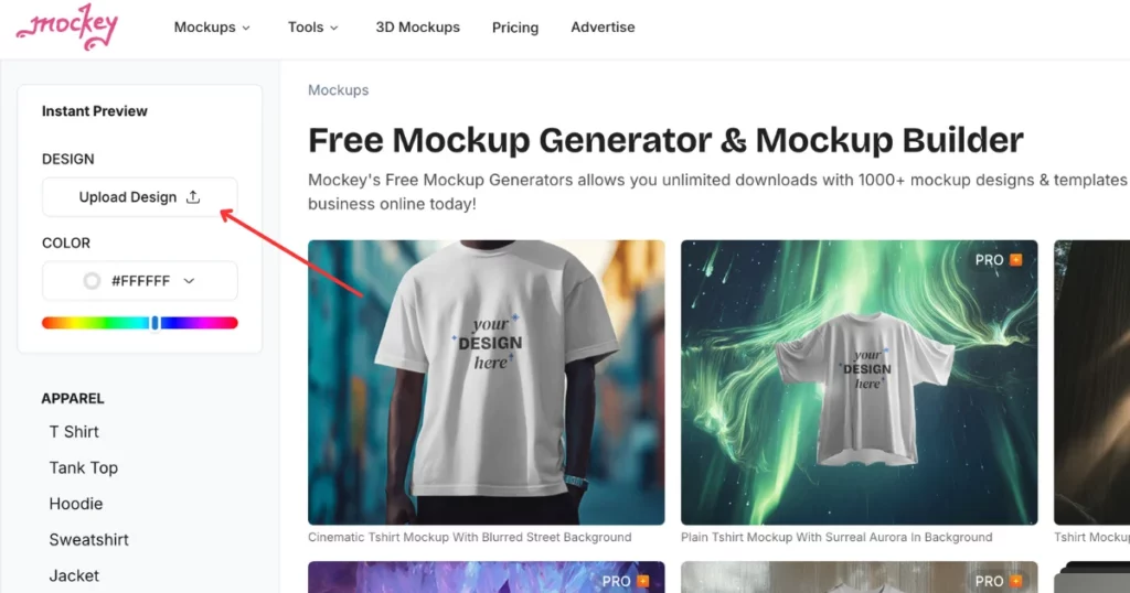 click upload design in mockey.ai