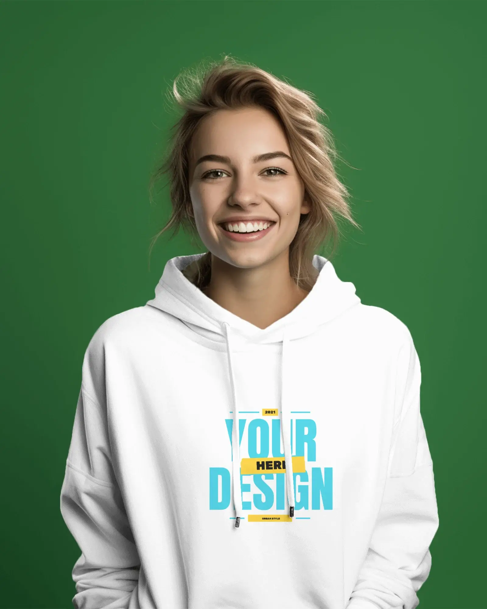 Ai Woman wearing hoodie in front of  green background