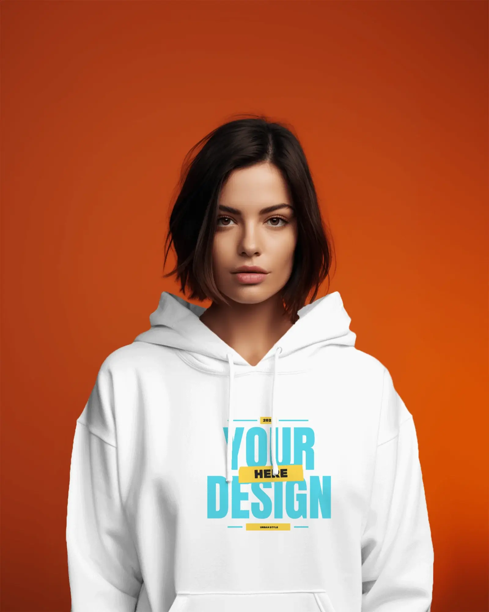 Ai Woman wearing hoodie in front of orange background