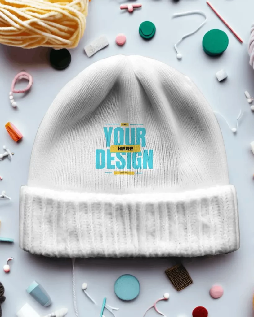 Beanie mockup on table flatlay with stitching materials in background  
