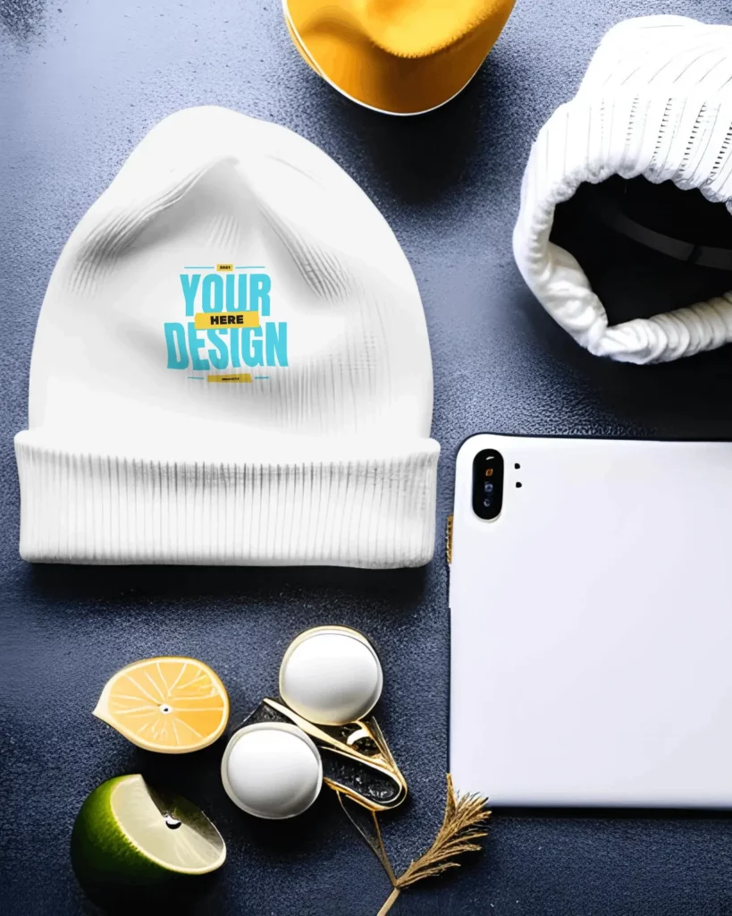 Beanie mockup with tablet cap lemon in background 