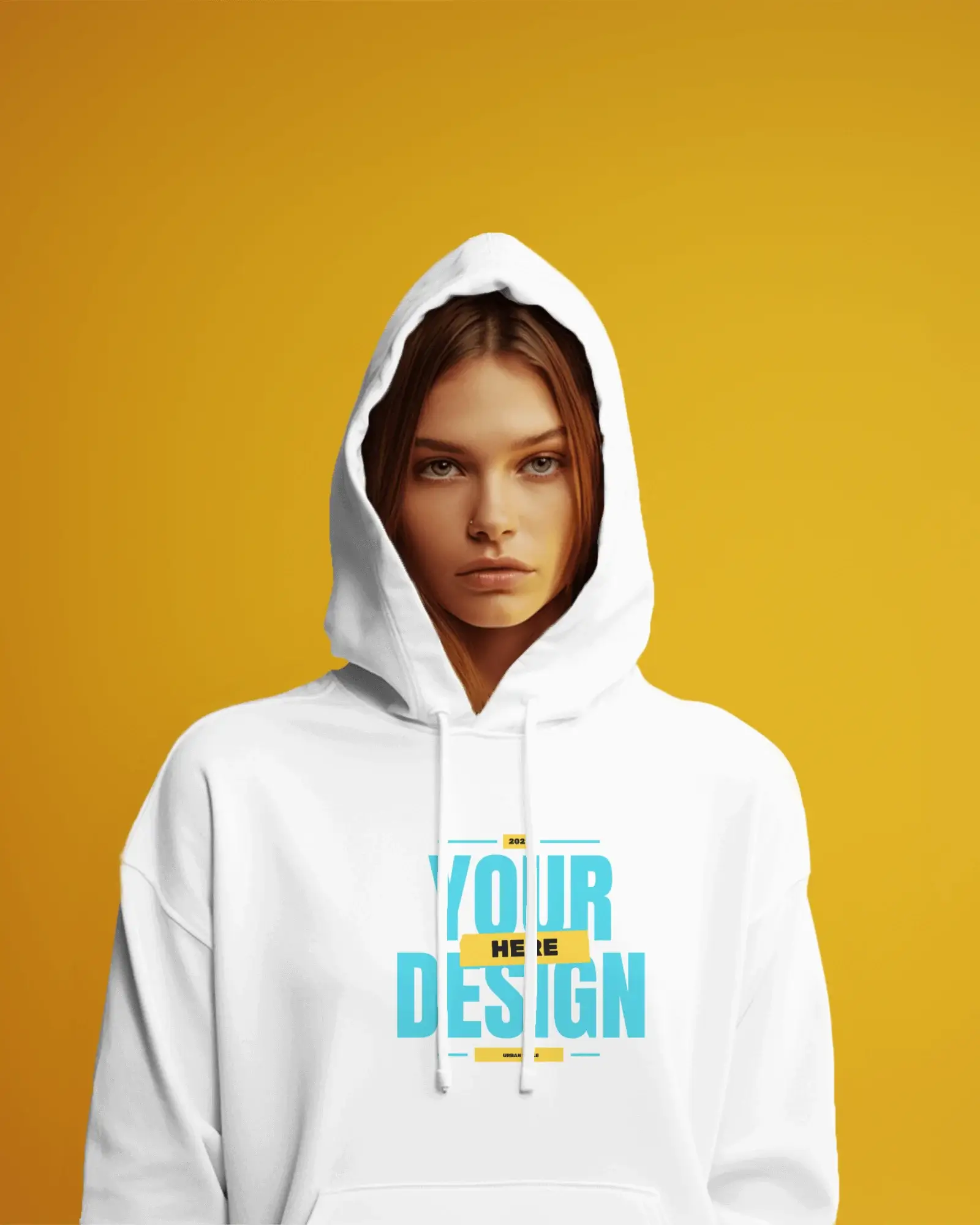 Woman wearing hoodie in front of yellow  background