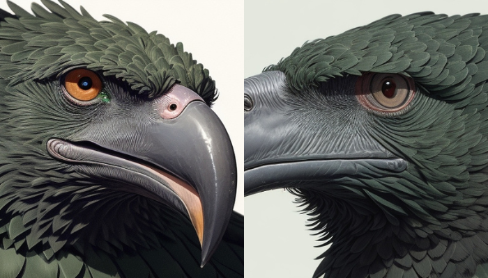 a drawing of a dark green vulture with a closeup shot