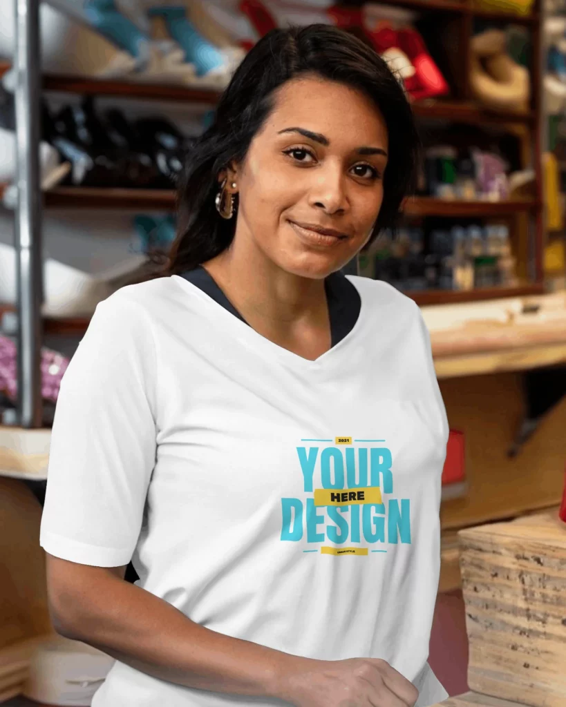 A woman is standing in her shop wearing a white T-shirt