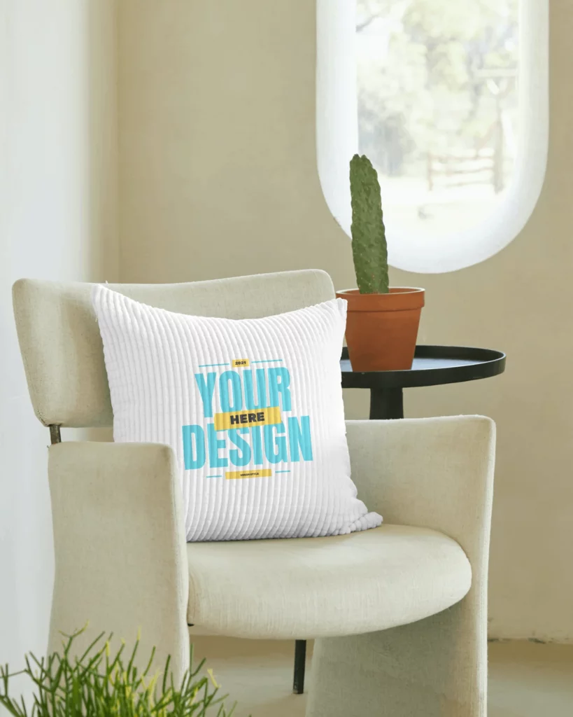 Mockup of a Square Pillow Lying on a Chair Inside a Room