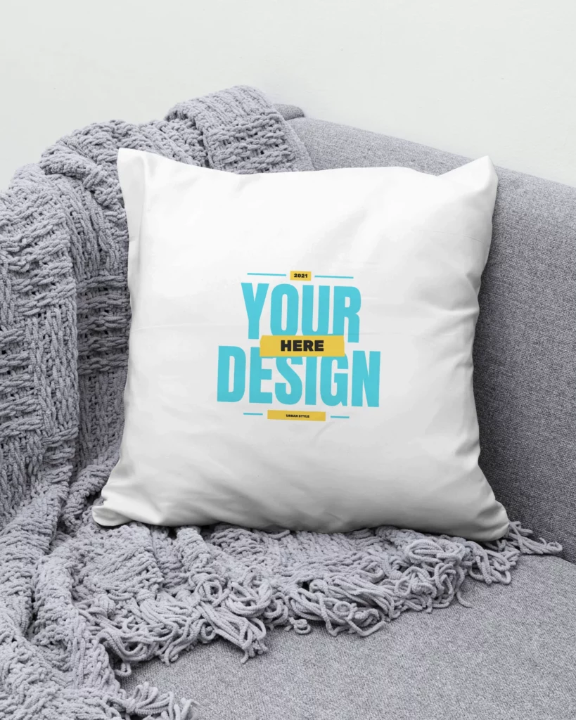 Sublimated Pillow Mockup Featuring a Gray Couch