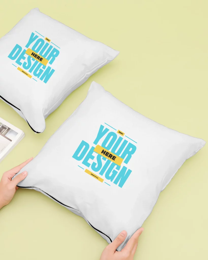 Two Pillow Mockup with a Colored Background and Cutout Paper Figures