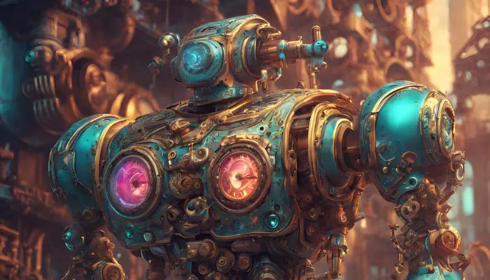 a 4k digital illustration of a robot with intricate clockwork details, trending on artstation, featuring vivid fantasy colors stable diffusion prompts guide