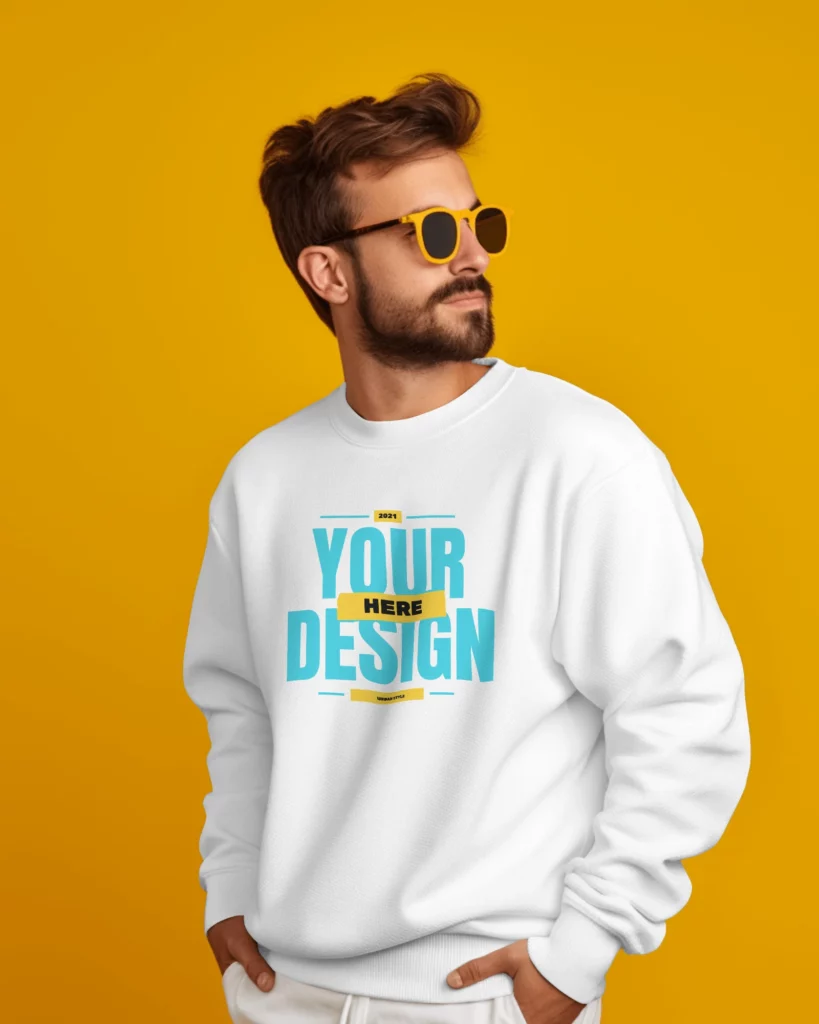 a man wearing sweatshirt mockup with a yellow background