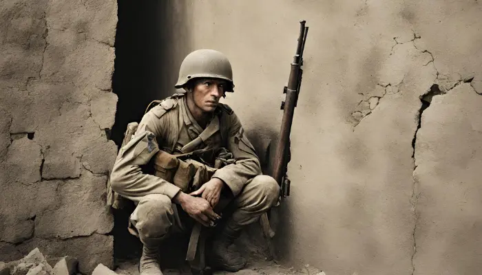 amidst the deafening roar of artillery fire, a lone soldier crouches behind a crumbling wall prompt for stable diffusion