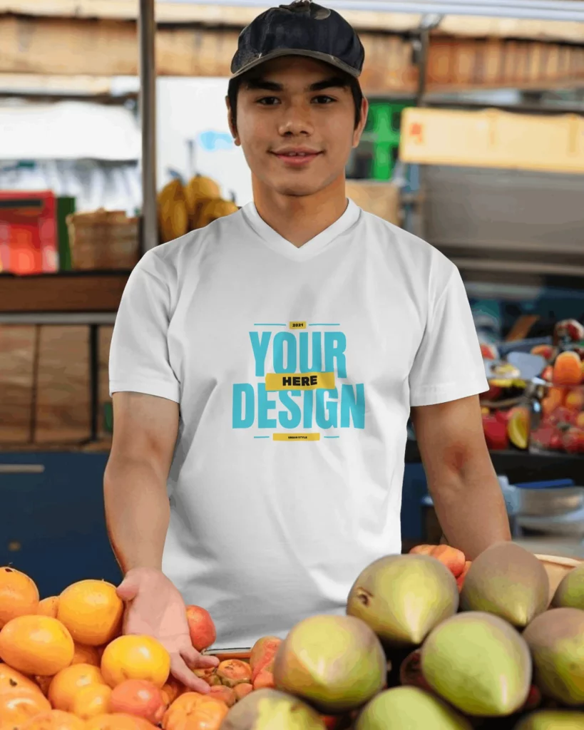 asian man in a fruit shop t-shirt mockup