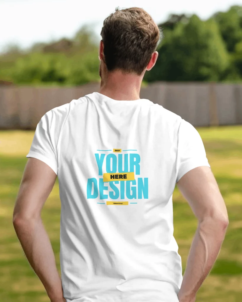 back tshirt mockup of a person in garden