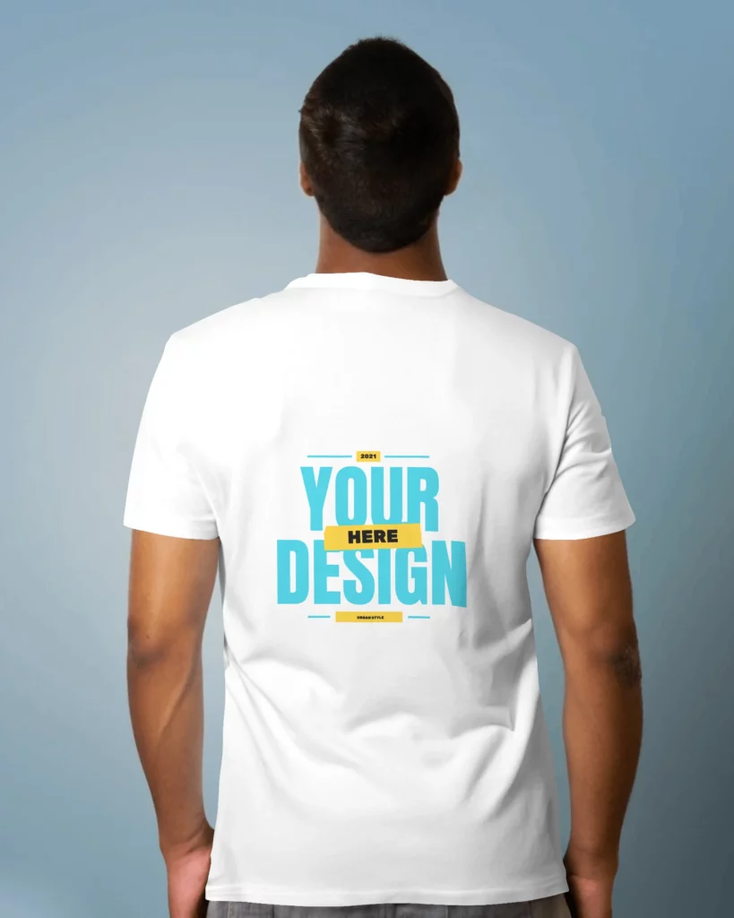 back view of brown person wearing tshirt mockup looking up