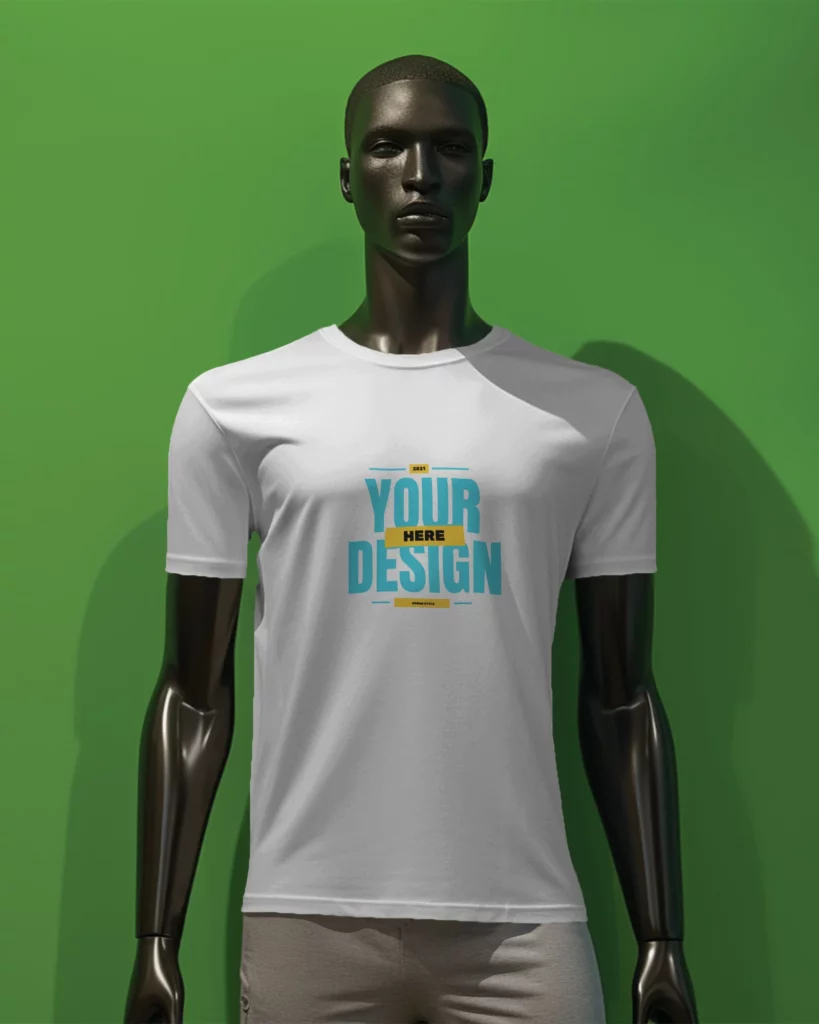 black mannequin wearing a tshirt in front of green screen