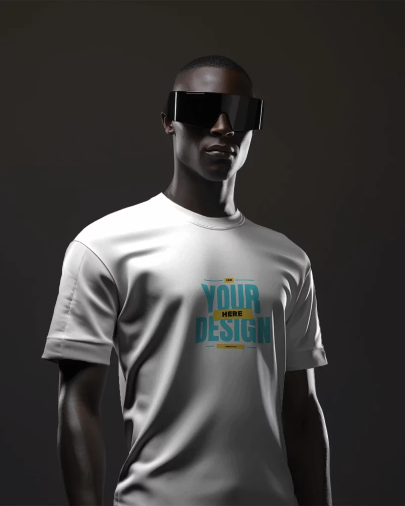 black person with goggles wearing tshirt in funky pose in front of grey screen