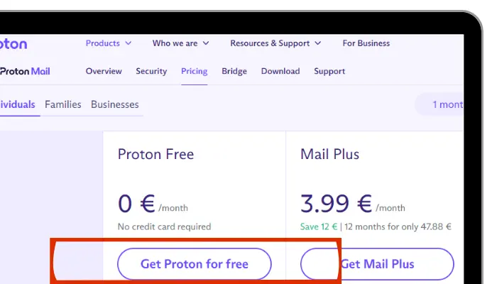 click on get proton for free