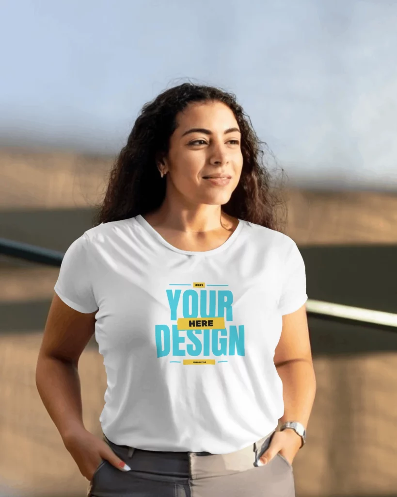 female model with curly hair wearing tshirt mockup