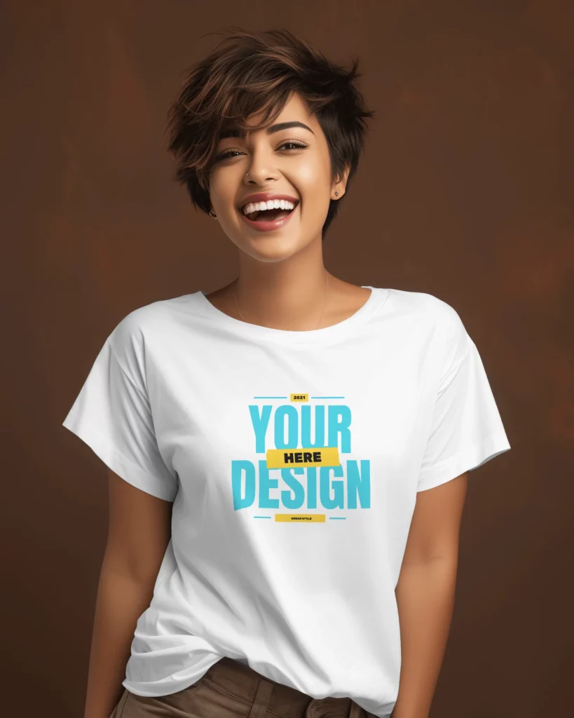 indian female model with short hair wearing white tshirt