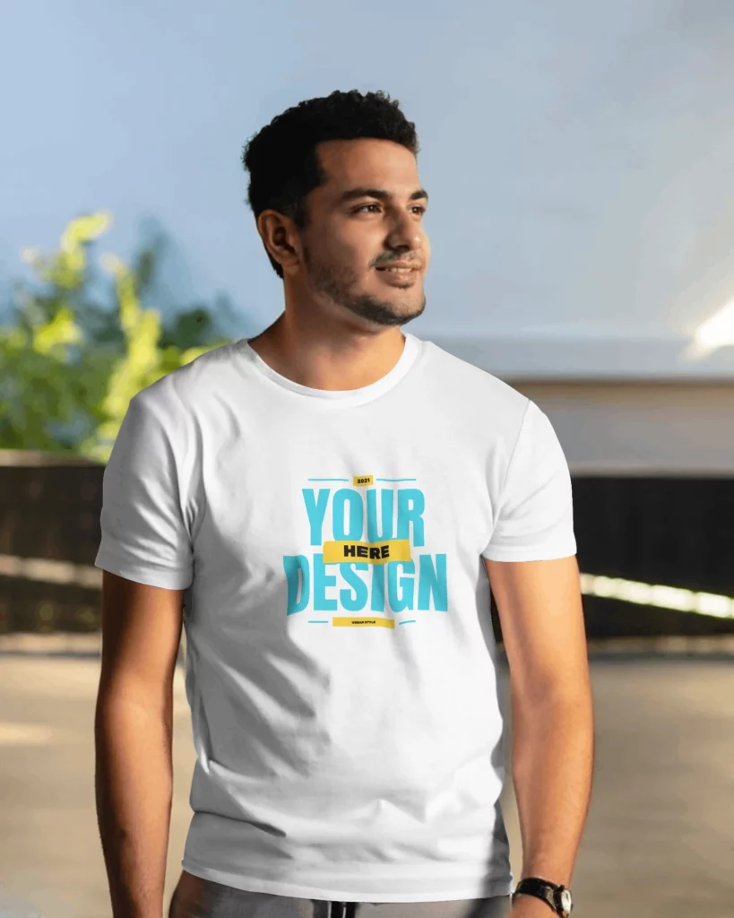 male model with side view wearing tshirt mockup