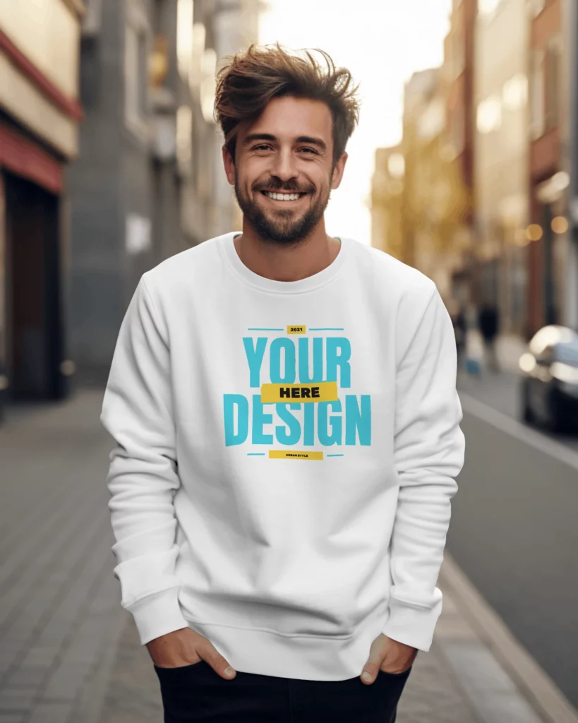 man posing and smiling and looking sideways in a white sweatshirt