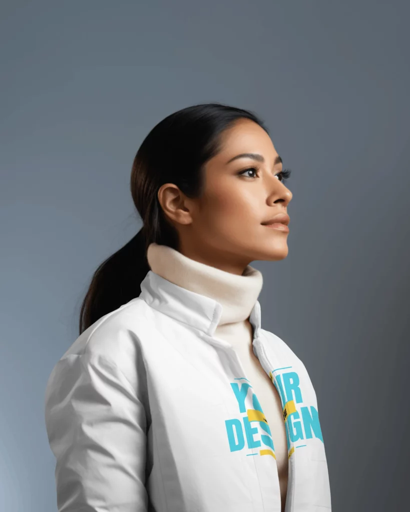 side view of a hispanic woman wearing a warm jacket in front of white screen