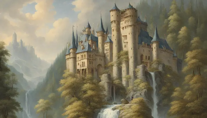 stunning castle by a waterfall in the lumber, artwork by josef thoma stable diffusion prompt