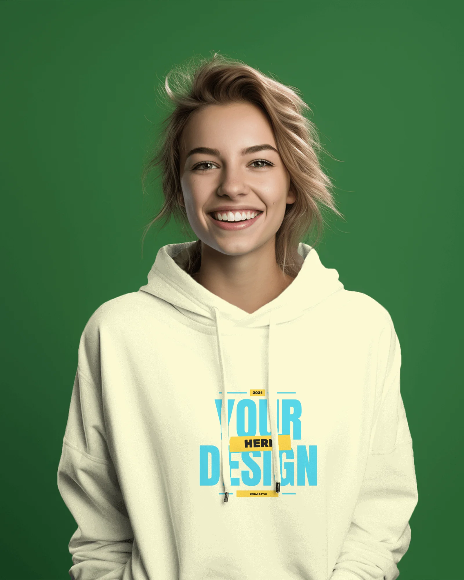Ai Woman wearing cream hoodie in front of green background
