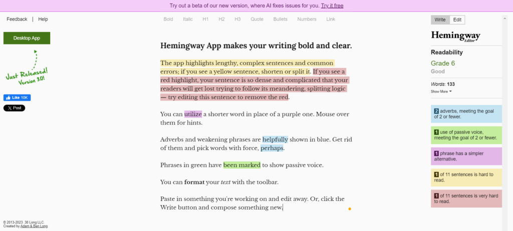 Hemingway - writesonic alternative online