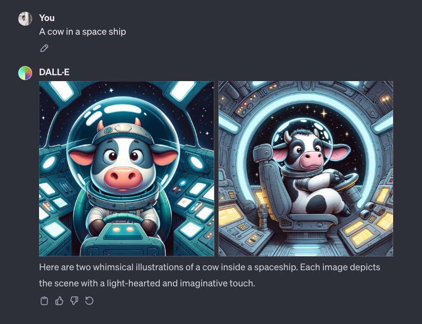 DALL·E 2 Generated Image of a cow in a spaceship.