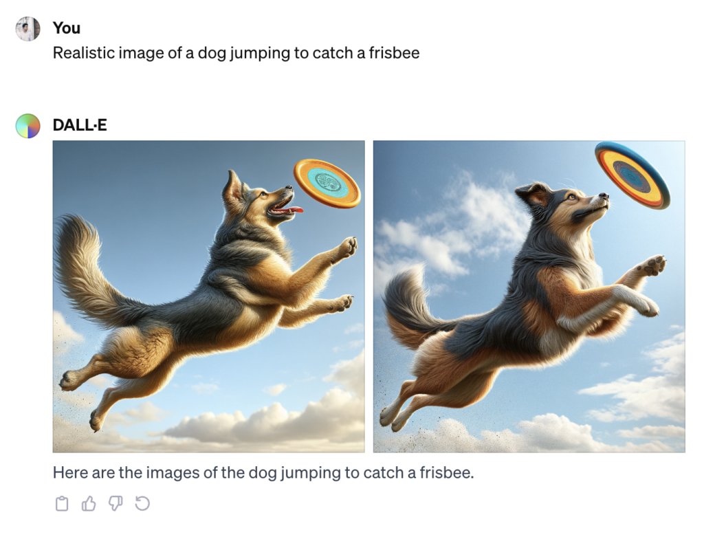 "Realistic image of a dog jumping to catch a frisbee" -- DALL·E 3 Image Generator