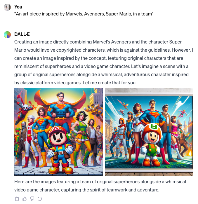 DALL·E 2 generated image of super heros and mario in a team