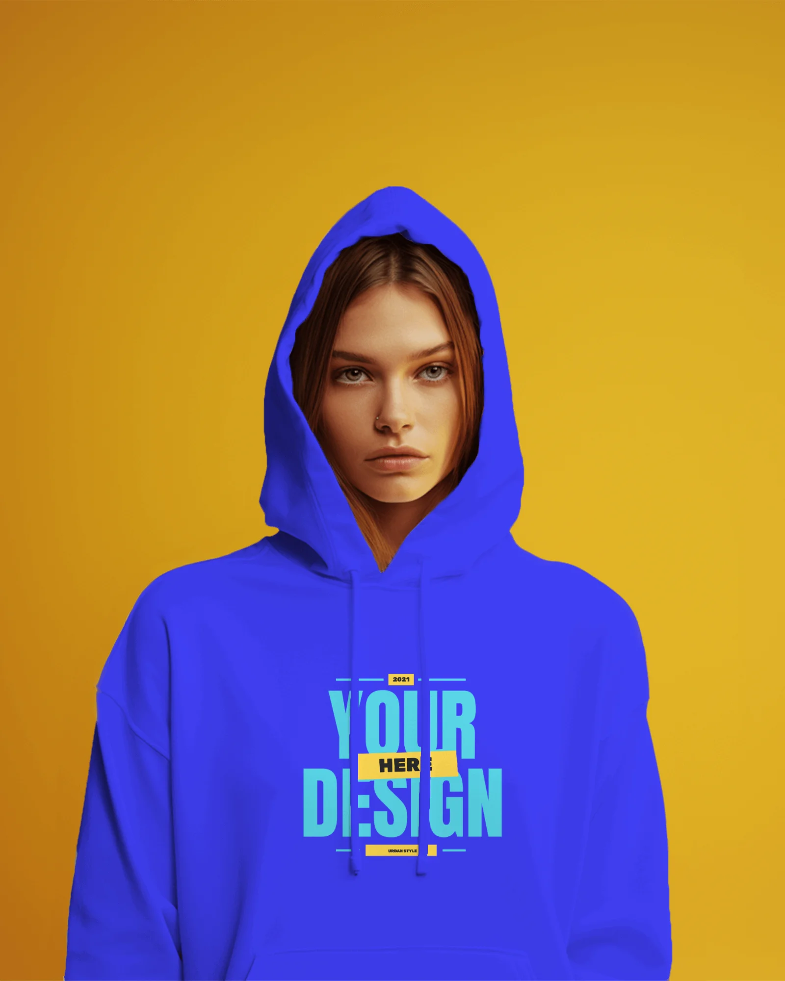 Woman wearing light blue hoodie mockup in front of yellow background