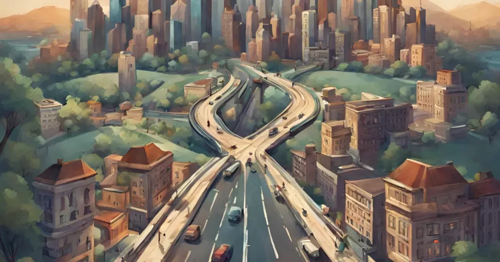 create a stylized road artwork piece that showcases the city panorama in a unique and captivating manner leonardo ai prompts