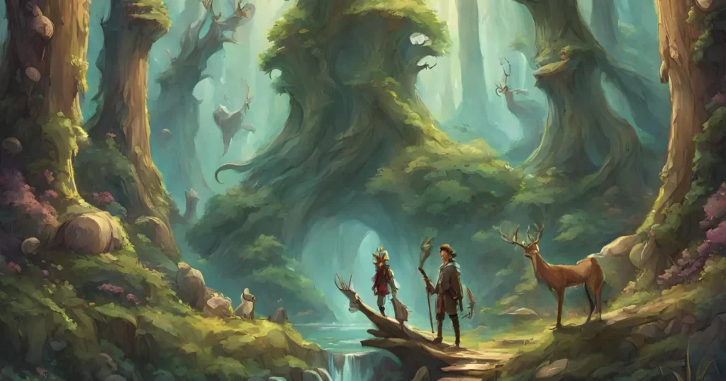 design an artwork inspired with the aid of the enchanted forests of fable and legends, with towering timber and fantastical creatures leonardo ai prompts