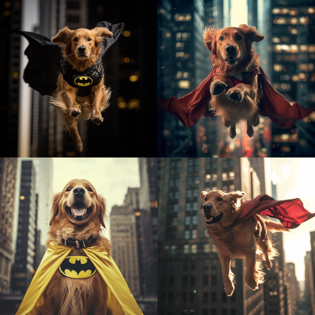 Midjourney ai generated image of a superhero dog flying in a city