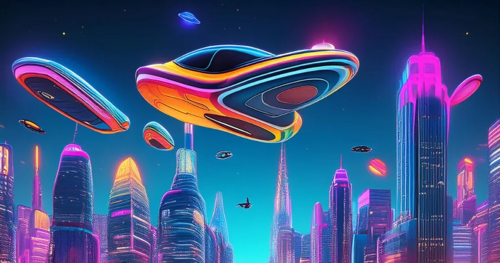 A colorful, neon-lit city at night with flying cars and tall buildings reflecting in a river dall e prompt