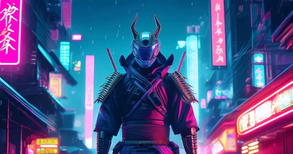 A cyberpunk samurai stands on a wet street, lit by neon signs, with a futuristic city behind dall e prompt