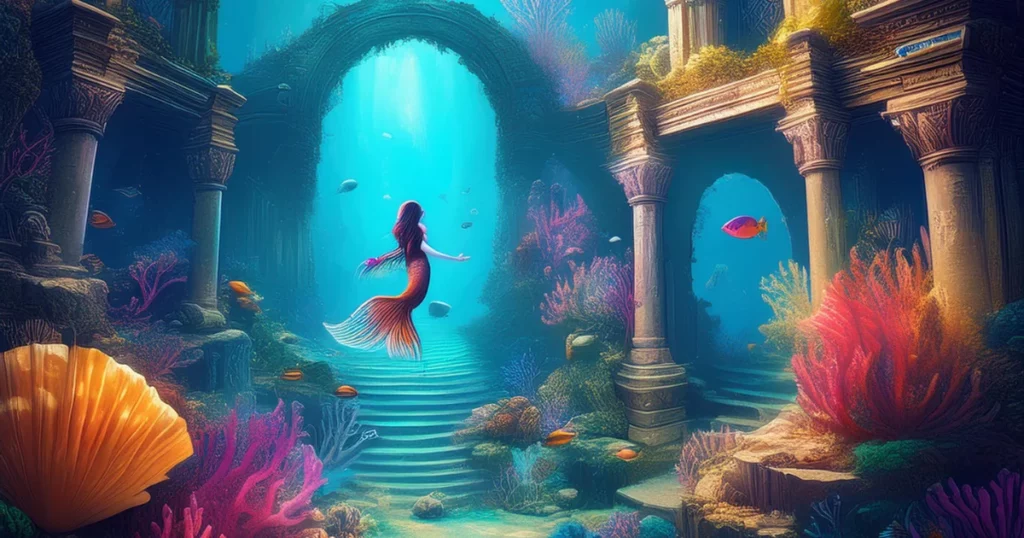 A lively underwater world with bright coral reefs, mermaids, and fish swimming among old ruins dall e prompt