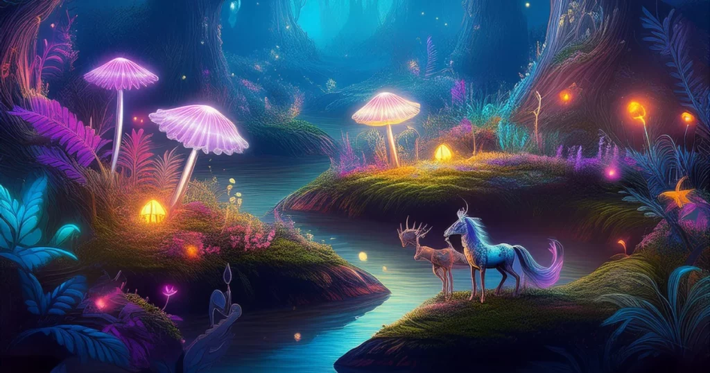 A magical old forest with glowing plants and mystical creatures like fairies and unicorns, all lit by gentle moonlight dall e prompt