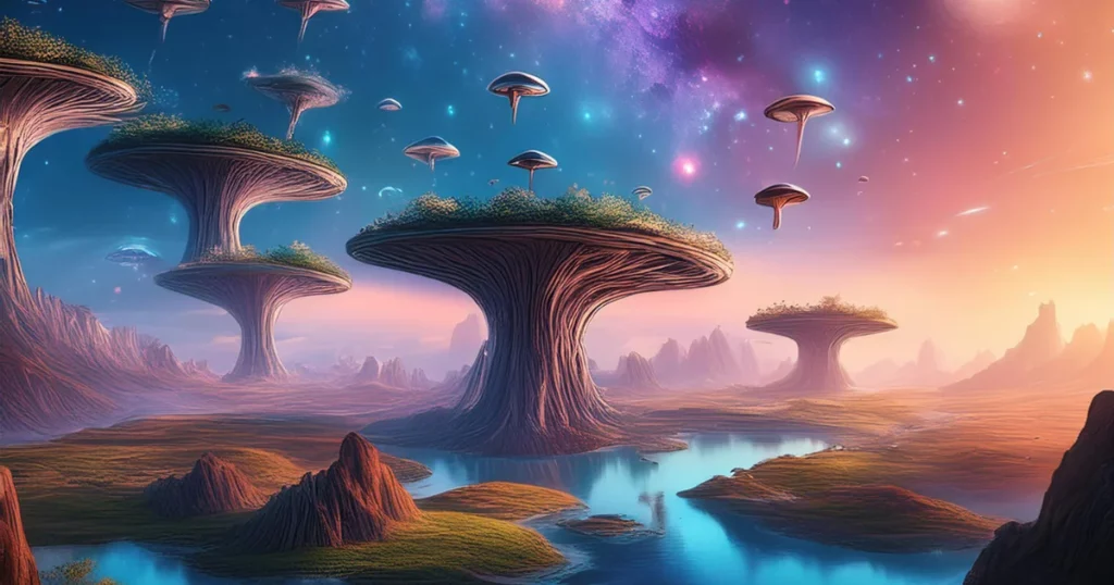 A strange landscape with floating islands, huge mushrooms, and a sky full of spinning galaxies and shooting stars dall e prompt