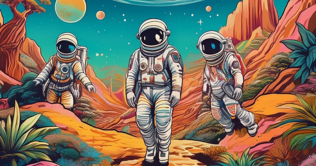 A vintage-style drawing of astronauts on a colorful alien planet with strange plants and creatures, similar to 1960s sci-fi art dall e prompts