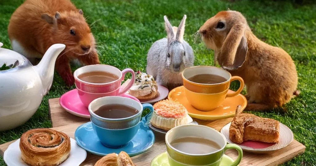 An outdoor tea party in a green garden with big teacups, colorful pastries, and playful animals as guests dall e prompt