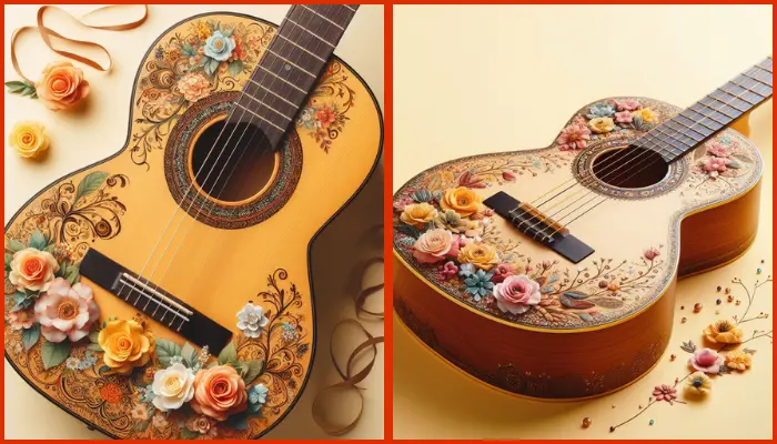 a guitar adorned with flowers and a light yellow background